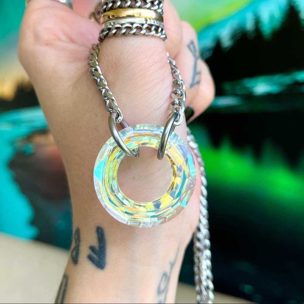 Rainbow Crystal necklace . Swarovski iridescent circle steel cuban chain choker - Picture 10 of 16